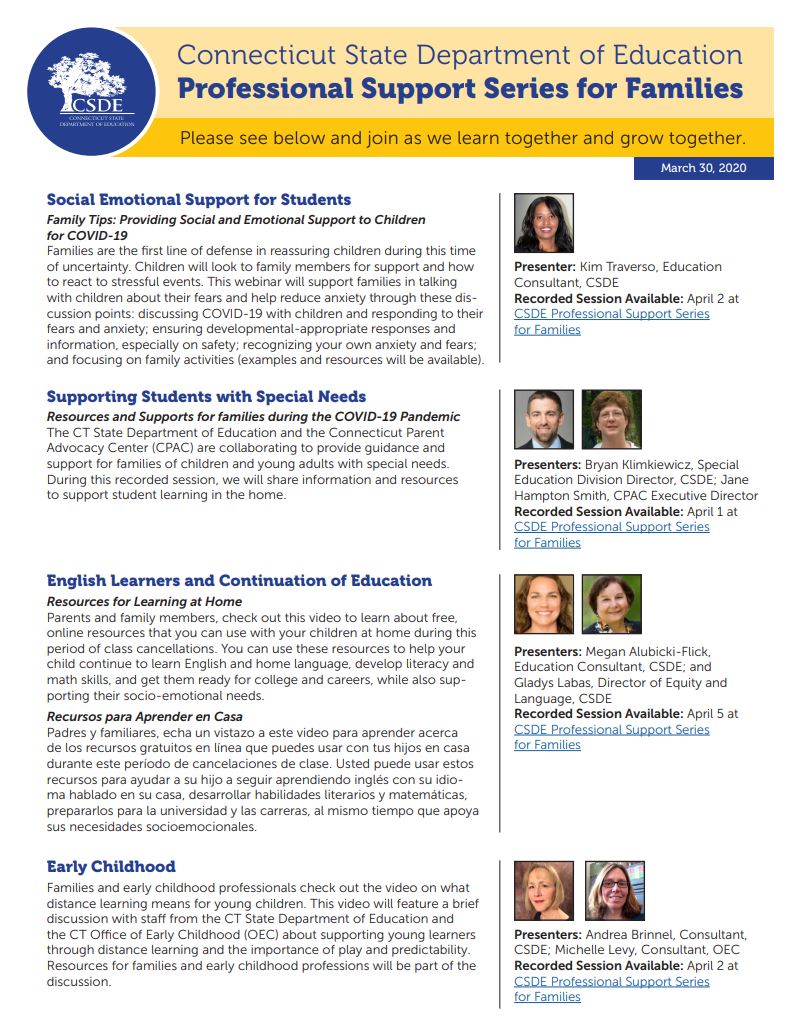 EducateCT's tweet photo. ATTN Parents/Families of PK-12 students: CSDE's Support Series for Families begins Apr 1st. Based on your feedback, we've created several info sessions designed to inform/guide you on topics such as home learning support for ELs &amp; students w special needs: https://t.co/PcK1Hay68H https://t.co/mXx2uMk54I