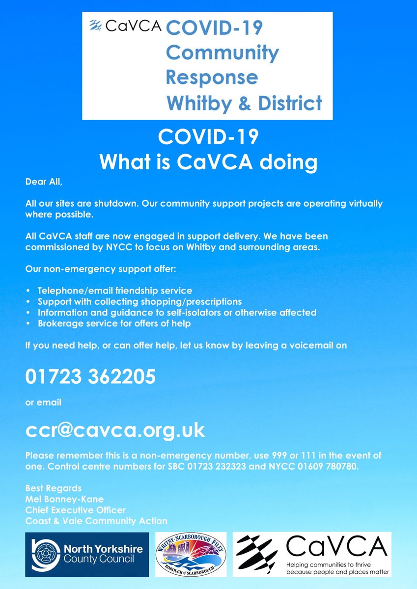 If you're in Whitby or the surrounding area and need support or would like to offer support, please call 01723 362205 and leave a voicemail or email ccr@cavca.org.uk