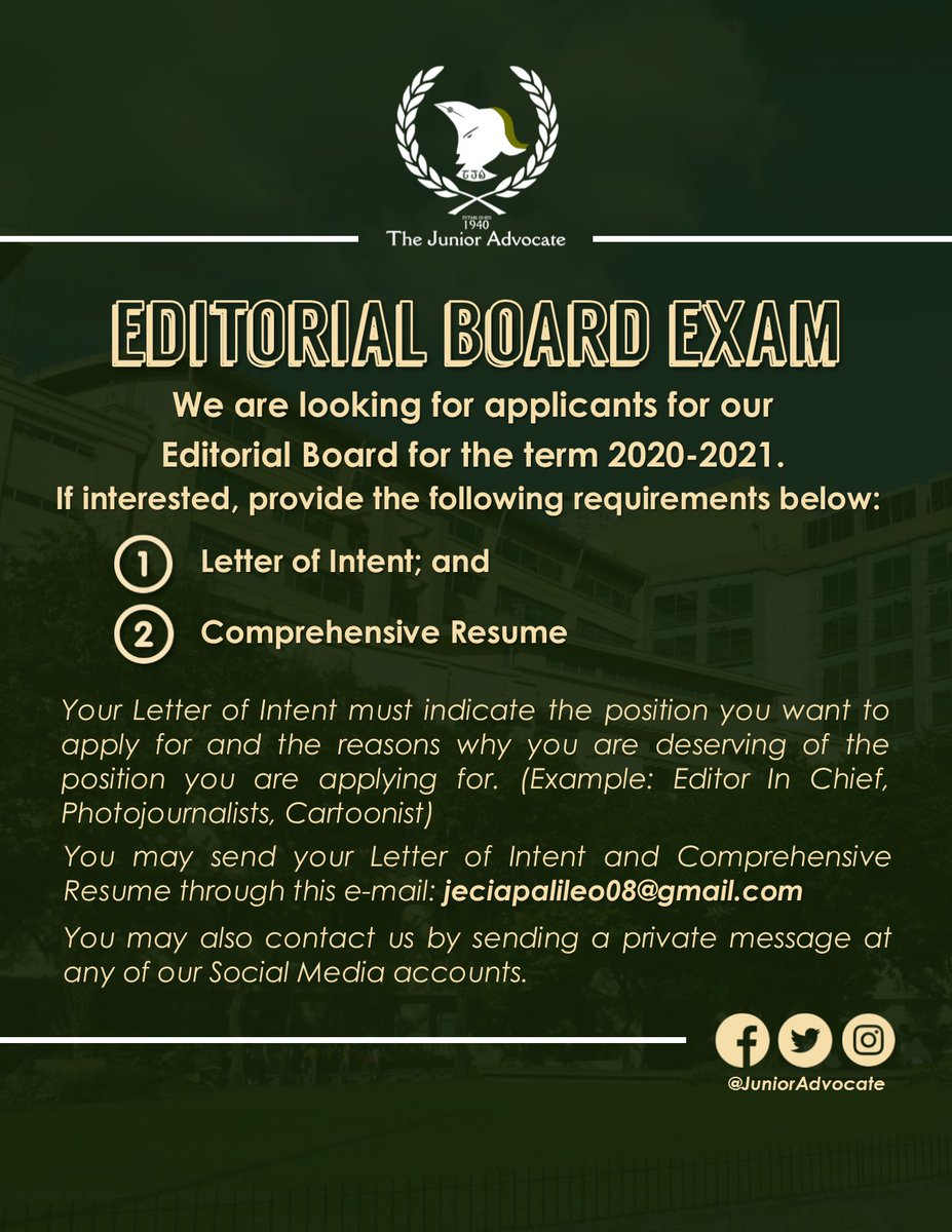 JuniorAdvocate's tweet photo. Attention: 

The Junior Advocate is looking for Editorial Board for the school year 2020-2021. 

SUBMISSION OF THE LETTER OF INTENT AND COMPREHENSIVE RESUME IS UNTIL APRIL 14, 2020

#BravestinTruth 
#TheJuniorAdvocate 
#FEUHighschool https://t.co/HZOjvzoR2y