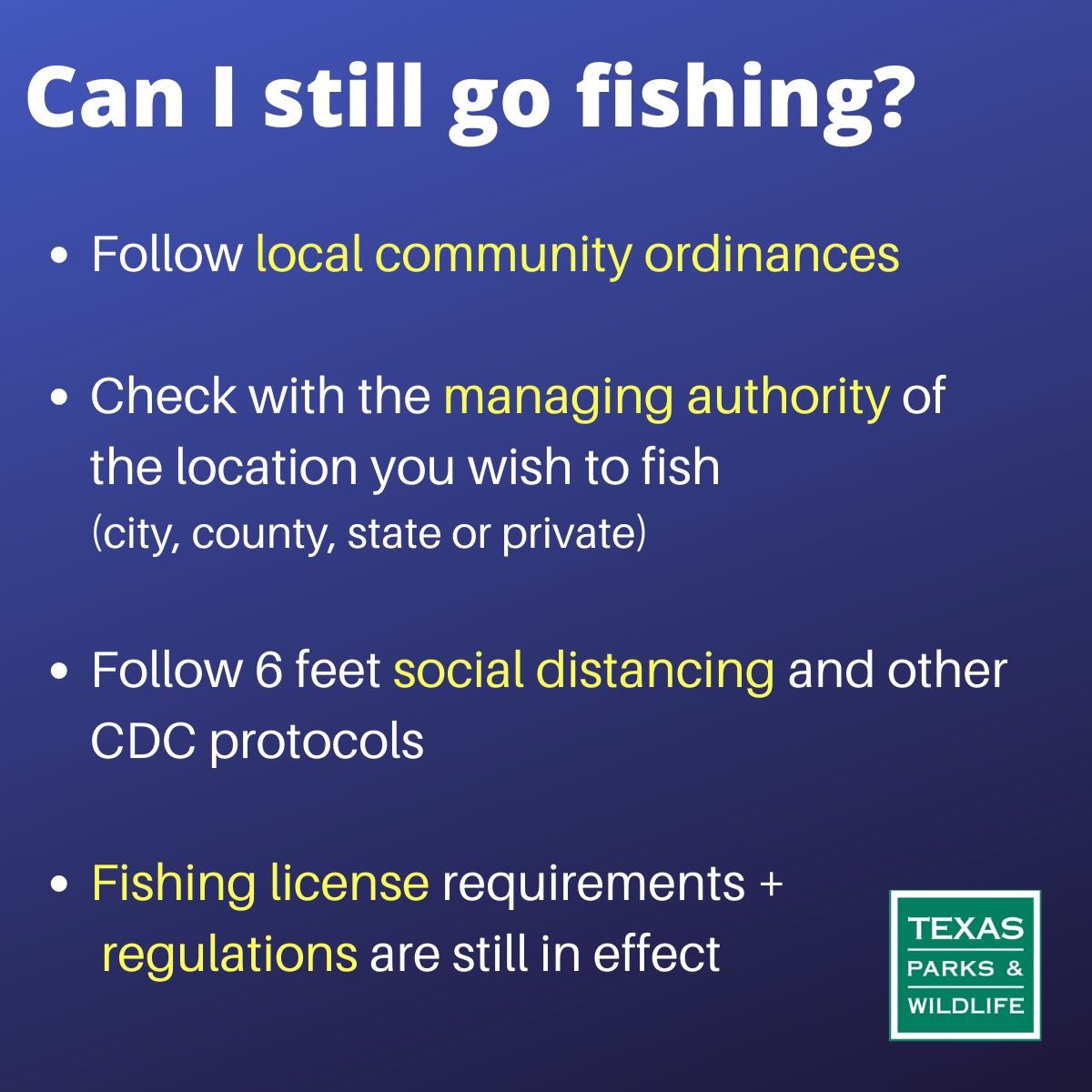 TexasGameWarden's tweet photo. Many folks have asked about fishing. Please check your local community ordinances to see if outdoor activities such as fishing are allowed. If fishing is allowed, check the status of the location you’re planning to fish before heading out, as some access points may be closed. https://t.co/wjhg0fUY72