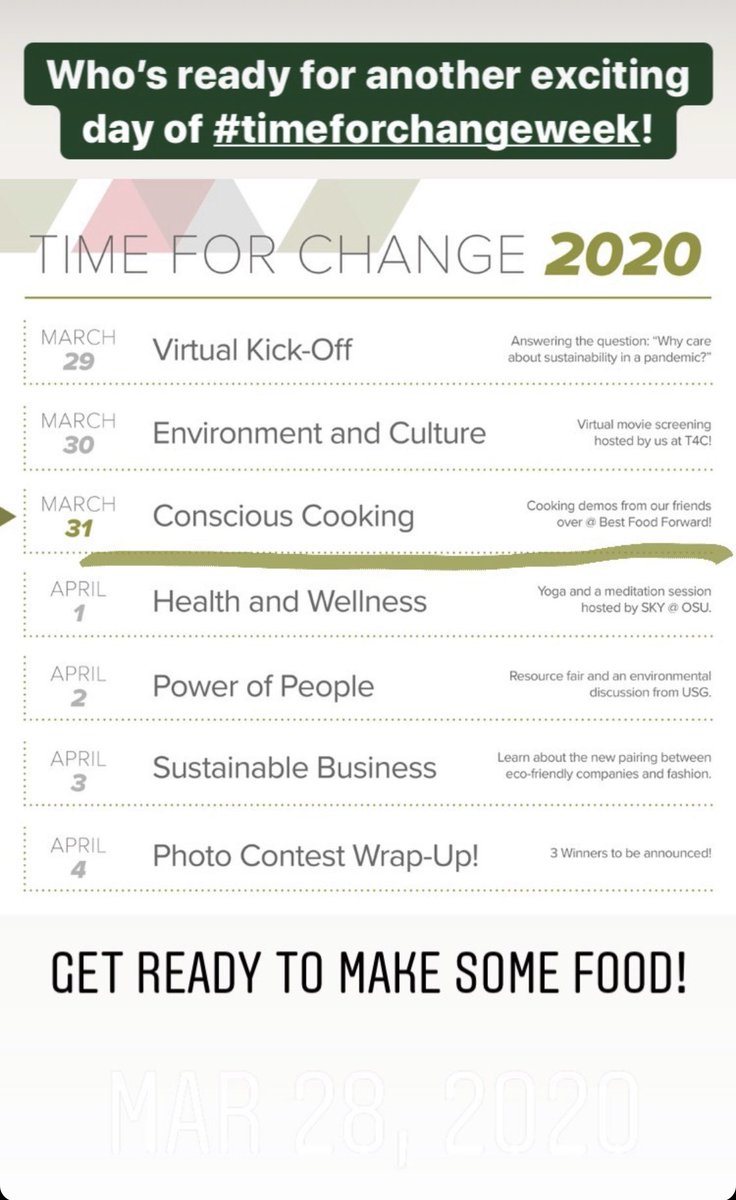 t4cOSU's tweet photo. Happy Tuesday! Here is today’s agenda! Join us and our friend @bff_osu on Instagram Live to make some yummy food for you and your beloved ones😋🍨🍛💕 #timeforchangeweek #greenbuckeyes #howgreenthycampus https://t.co/UzCAu5y4tj