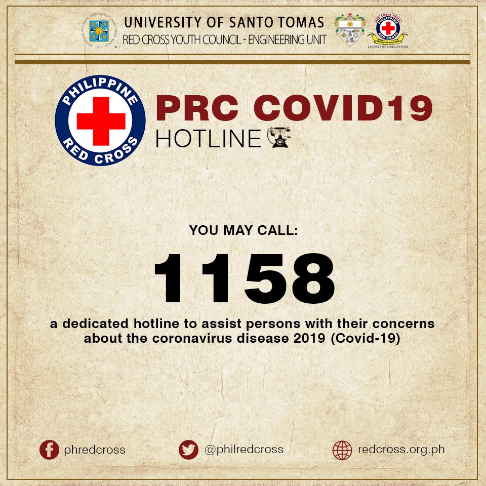 RCYCeng's tweet photo. Aside from this, Philippine Red Cross (PRC) will also be accepting calls, just like the Department of Health's (DOH) hotline, regarding information about COVID-19 and agencies/units on where to seek help.
https://t.co/ep7aw1WEpQ

#RCYCENGGceptional
#USTRCYC1920 https://t.co/lPWtDVu1U5