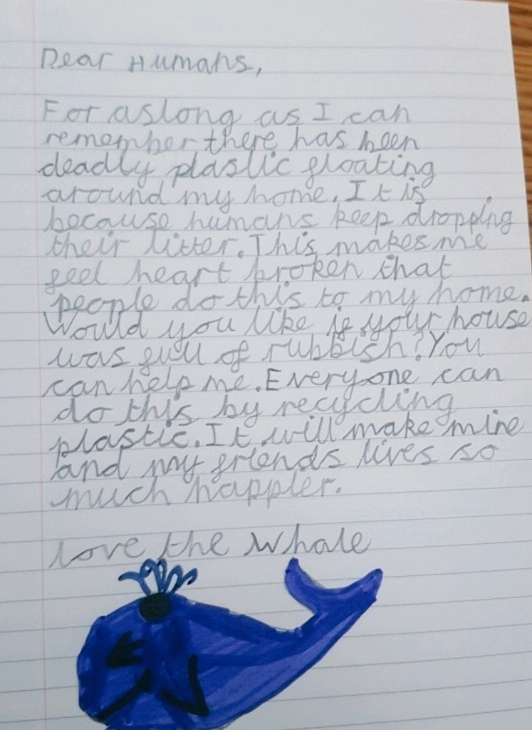 holycrossAS's tweet photo. Ms Richardson's English class have been looking at the effect that plastic has on our oceans. They wrote in role as the whale from @cbckids A Whale's Tale.
#worldchildrens #saveourworld #cleanouroceans
#hcaseco #recycle #ourcommonhome
@Greenpeace @CAFODSalford @SalfordDiocese https://t.co/B9XqGfVYI2
