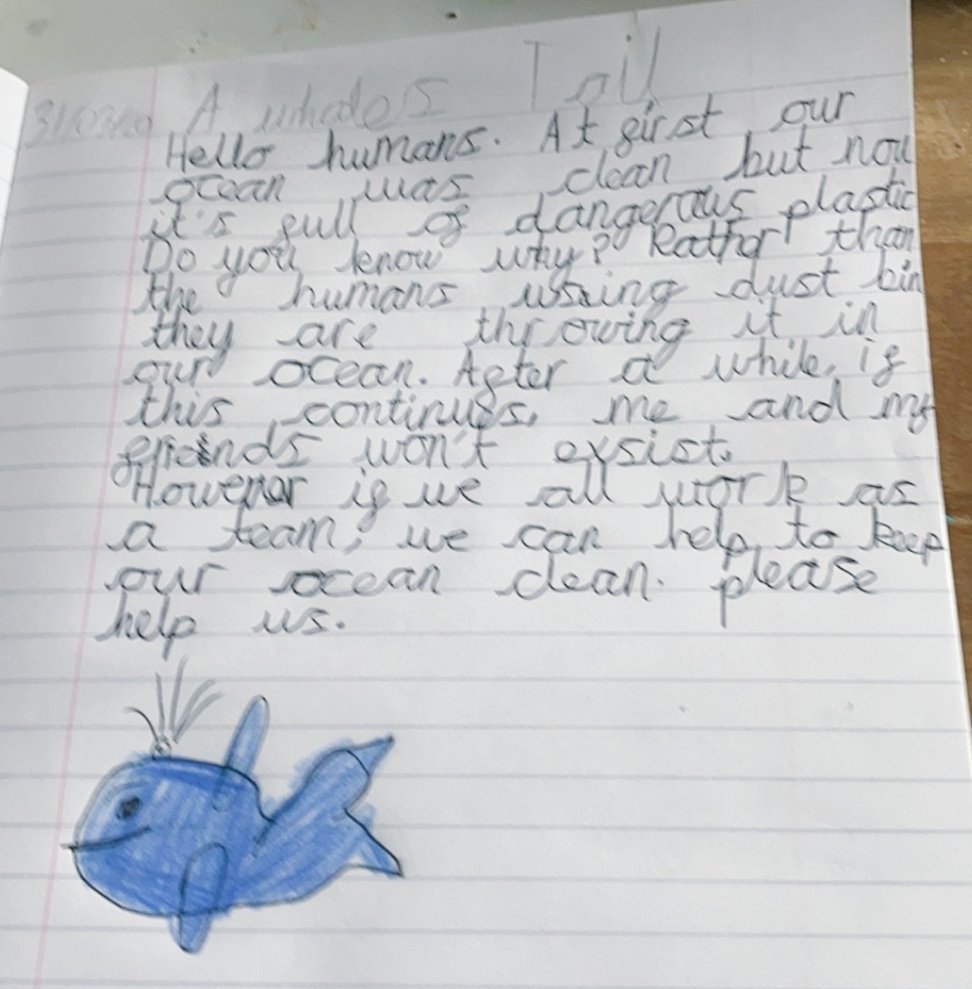 holycrossAS's tweet photo. Ms Richardson's English class have been looking at the effect that plastic has on our oceans. They wrote in role as the whale from @cbckids A Whale's Tale.
#worldchildrens #saveourworld #cleanouroceans
#hcaseco #recycle #ourcommonhome
@Greenpeace @CAFODSalford @SalfordDiocese https://t.co/B9XqGfVYI2
