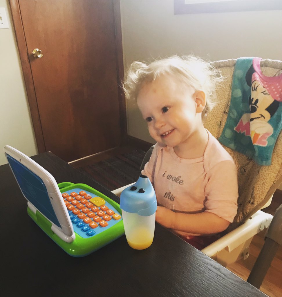 CCS_Comets's tweet photo. Future Comet Eliza Holton wants to be like big sisters Hannah and Kate! Remote learning at the dining room table with orange juice in a sippy cup! How cute is this? We hope you’re having a great day connecting with your teachers and classmates. #CometStrong #CometsConnect https://t.co/TsFkPZFgax