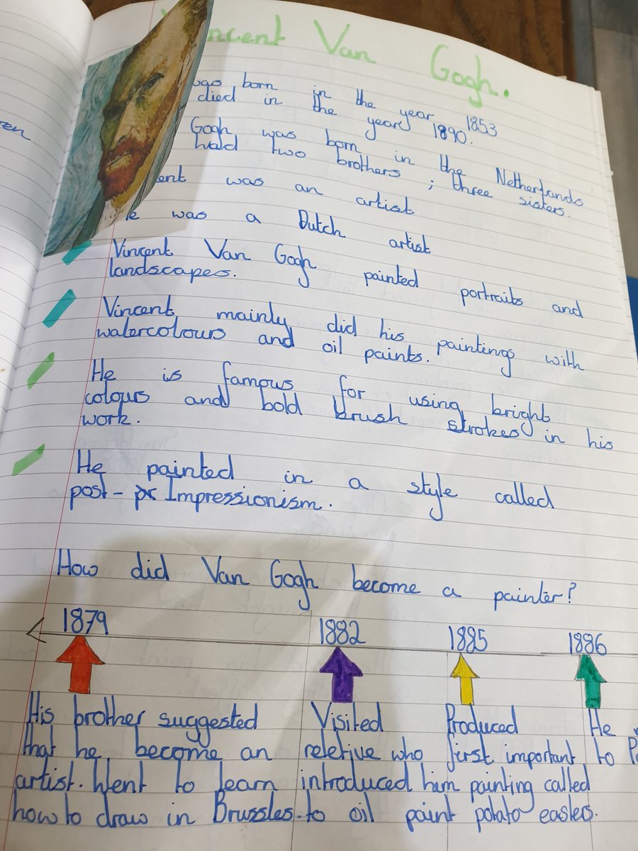 MrsAntenbring's tweet photo. Some fantastic research about Vincent Van Gogh by this young lady, of course presented beautifully! You will like this Miss Plumb @PlumbMiss  @HLC_Primary #HLCHomeLearning https://t.co/bqPcqkg2cK