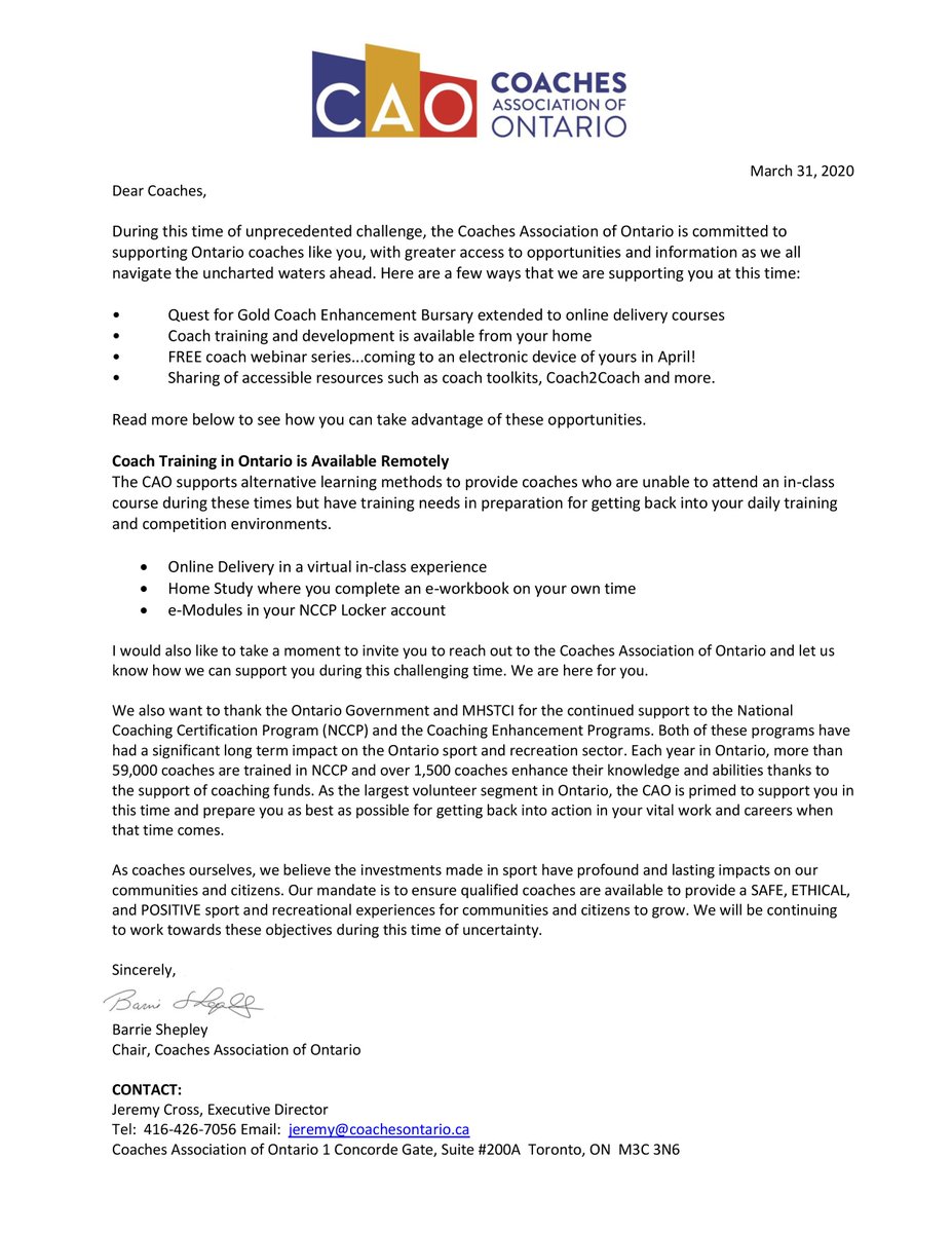 Please see the attached letter from our Chair of the Board <a href="/Barrieshepley/">Barrie Shepley</a>. We hope everyone is staying safe during these tough time!