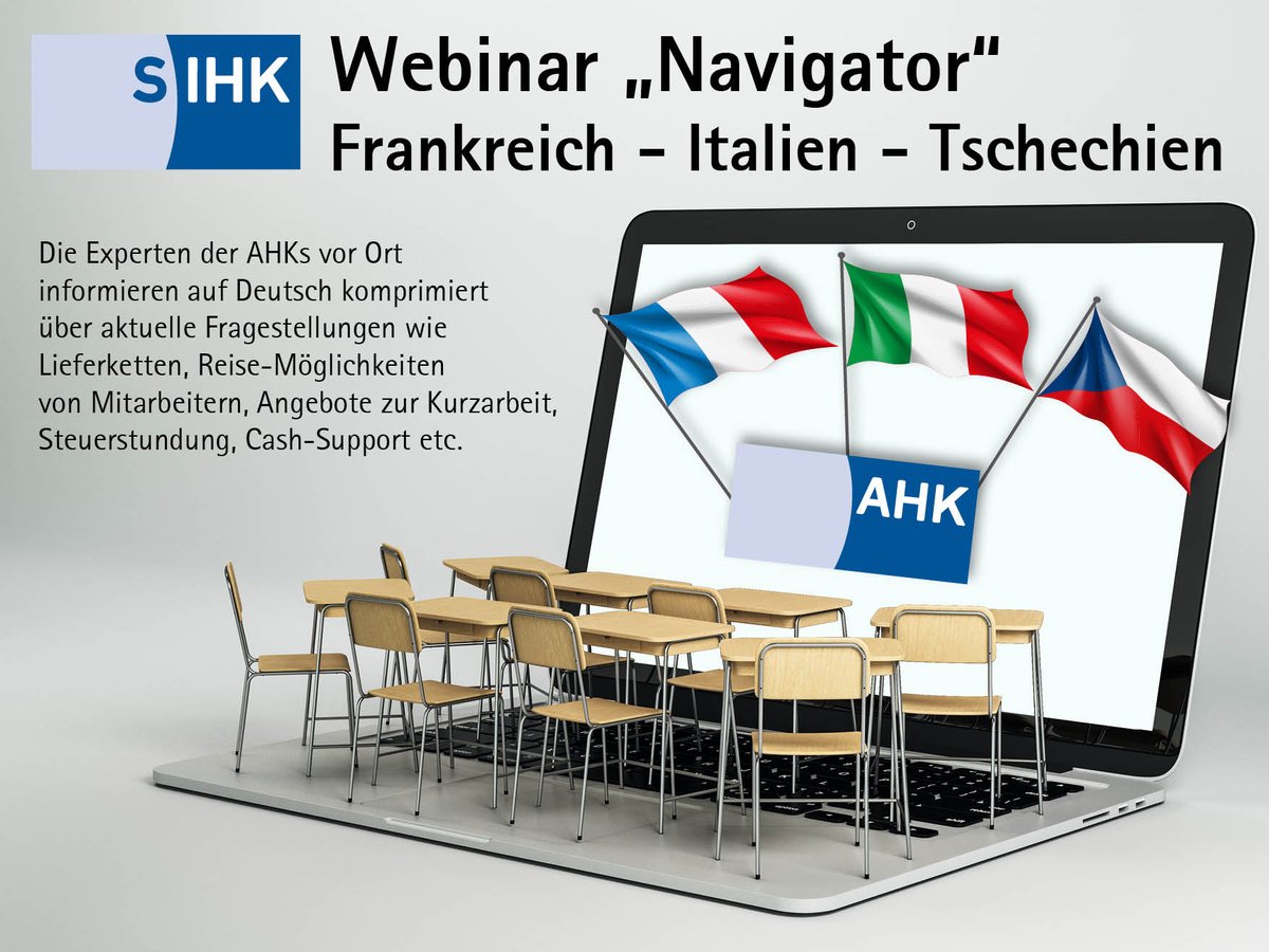 sihk_zu_hagen's tweet photo. #Webinar-Serie „Navigator“: 
Die SIHK bietet am Freitag, 3. April, #Infos zu #weltweiten #Märkten an. #Experten der #AHKs  aus #Frankreich https://t.co/pqx6TVze6T, #Italien https://t.co/sk9IJDFRSq und #Tschechien https://t.co/CYbxCI68fM informieren. https://t.co/RMl1iQ10TP