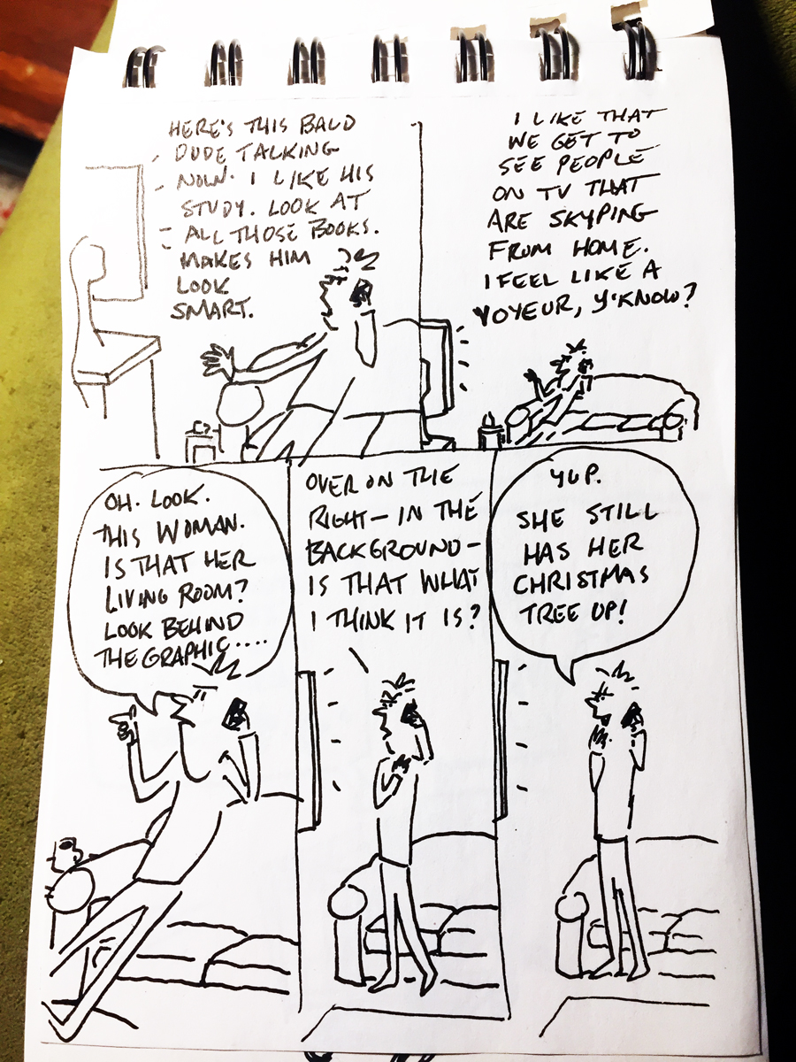 lynchcartoons's tweet photo. #Covidcomics! Now that all of the talking heads on the TV news shows are #skyping/#facetiming from their homes, I get hung up on seeing what the room looks like. Do they have books? Art on the wall? Drawn in small sketchbook, no penciling. #MSNBC #voyeurlife #comics #COVID19 https://t.co/DfhMPaDy9x