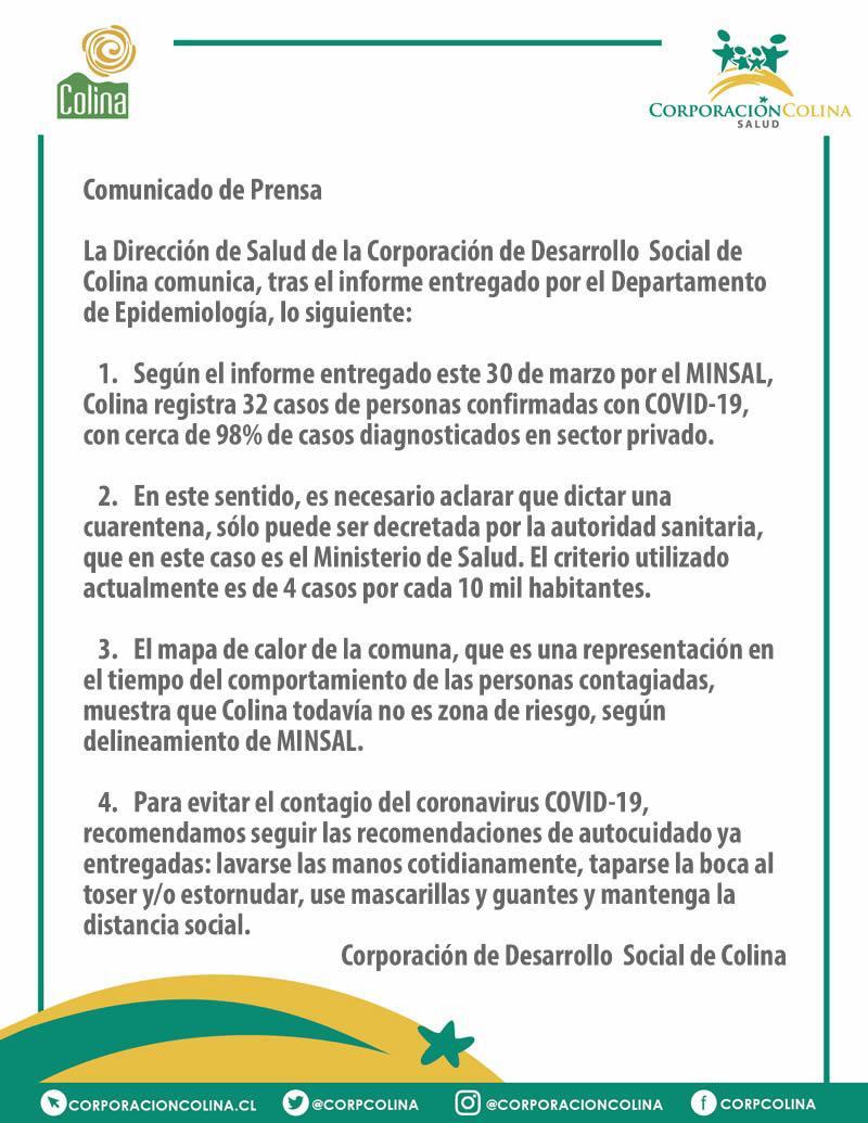 Colina entre las 10 comunas con más contagiados de Covid19 en RM. 98% detectados en consultas privadas. #colina #chicureo