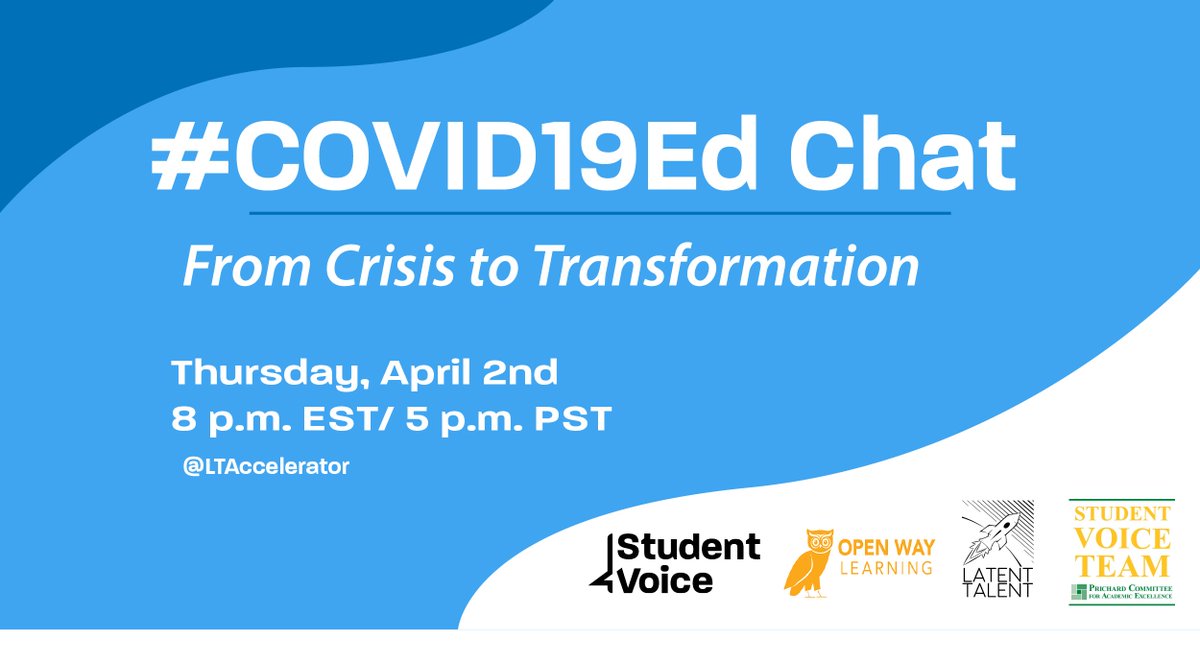 KipHottman's tweet image. Stay connected this week by participating in Thursday’s (4/2) #COVID19ed Chat (8pm ET/5pm PT), finding ways to move from #Coronavirus crisis to #Teaching and #Learning transformation. Follow @stu_voice, @OpenWayLearning, &amp;amp; @LTAccelerator for the questions!