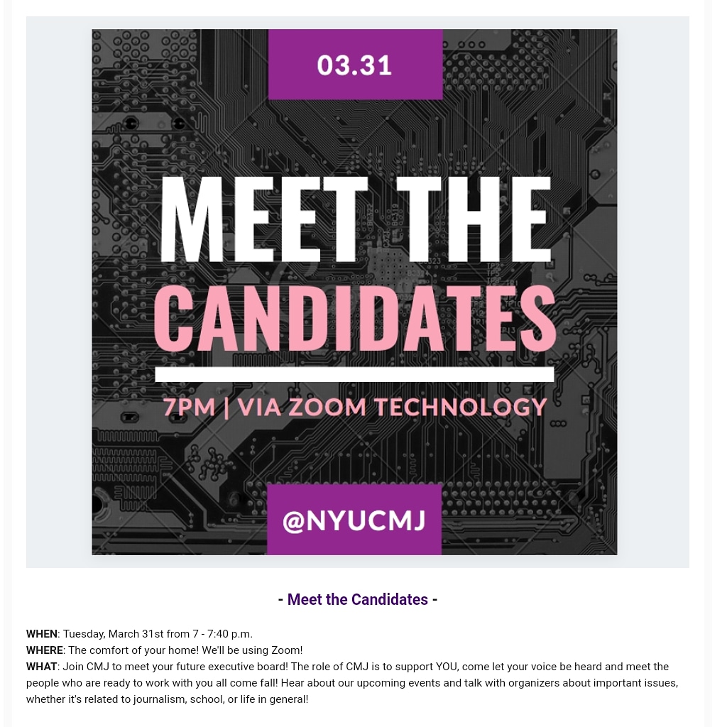 nyucmj's tweet photo. TONIGHT: Meet the candidates for the 2020-2021 CMJ e-board!! Voting will begin once the virtual meeting is over.

We attached the zoom link (7 pm) to our emails, but dm us if needed. See you then💕 https://t.co/aBWxXCuATo