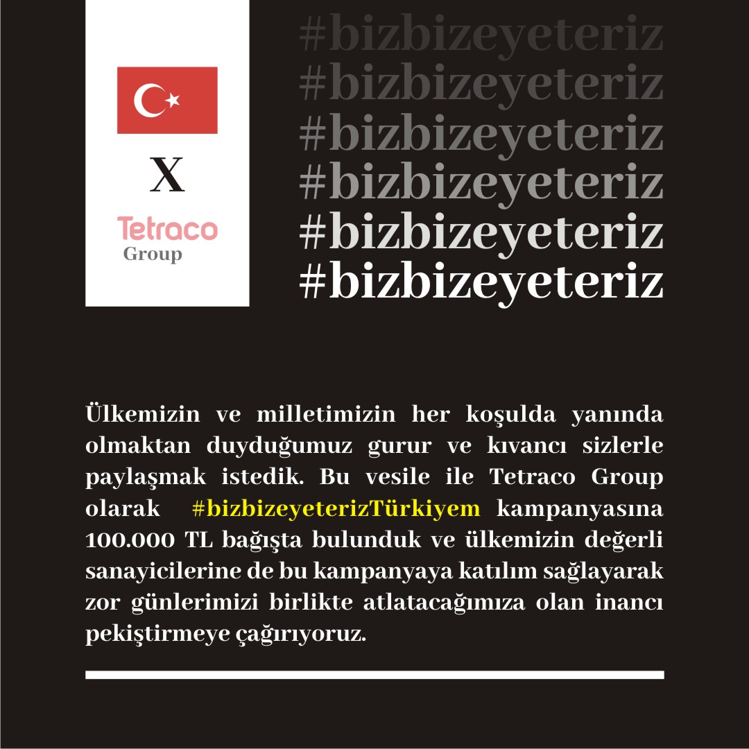 enformak's tweet photo. Tetraco Group olarak  #bizbizeyeterizTürkiyem kampanyasına 100.000 TL bağışta bulunduk ve ülkemizin değerli sanayicilerine de bu kampanyaya katılım sağlayarak zor günlerimizi birlikte atlatacağımıza olan inancı pekiştirmeye çağırıyoruz.
#bizbizeyeteriztuerkiyem https://t.co/pIE8Vem276