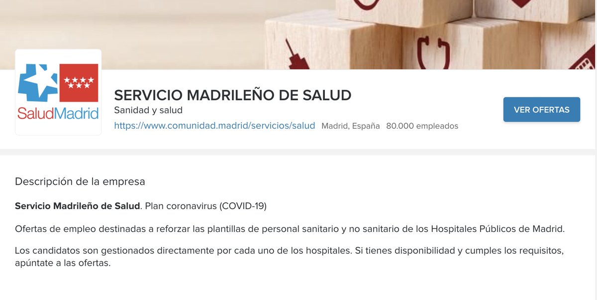 InfoJobs's tweet photo. 🚨Hay más de 65 ofertas de #trabajo del Servicio Madrileño de Salud para reforzar las plantillas de personal sanitario y no sanitario de Hospitales Públicos de Madrid. 

Por favor, comparte este enlace para que se cubran cuanto antes: https://t.co/JcxdOZz2vq

Muchas GRACIAS💕 https://t.co/dMkbh0RJS3