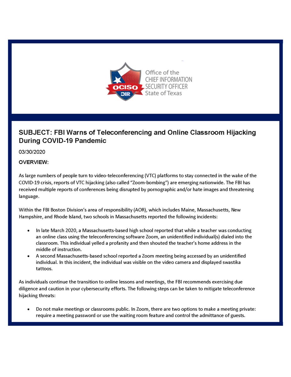 TexasDIR's tweet photo. As people turn to video-teleconferencing platforms to stay connected in the wake of #COVID19, the FBI has received multiple reports of conferences being disrupted. For more information on how to stay cybersecure while remote working see: https://t.co/o5KkbcIZEV #DIRisIT https://t.co/ofPiChx6gB