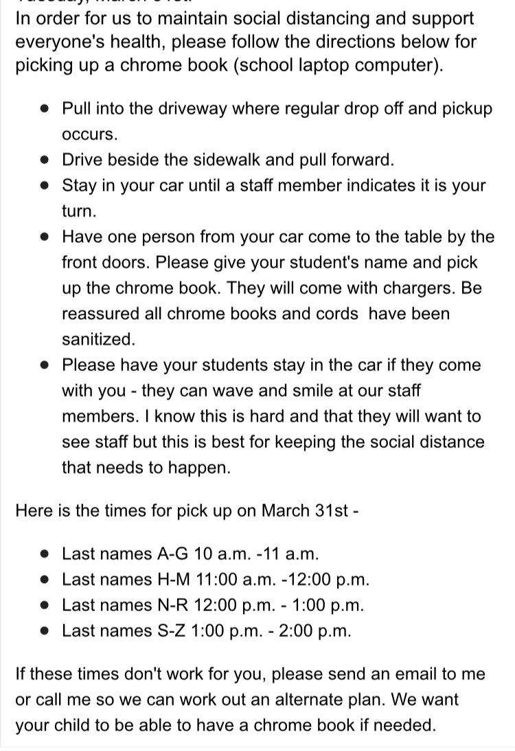RosedaleLions's tweet photo. Today is chrome book check out day at Rosedale. Please follow the guidelines to help everyone stay healthy. If these timesdon’t work and you’d like a chrome book, please contact us. Take care! We miss you. https://t.co/0HYtcLzCdC