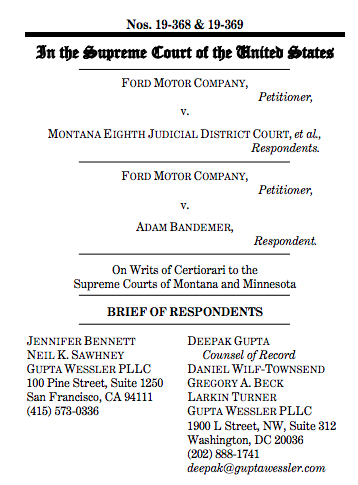 SCOTUS is, in theory, still going forward with April arguments. So, yesterday, we filed this brief on why companies shouldn't be able to force people injured by their products (cars, drugs, etc.) to travel thousands of miles to get in the courthouse door.  https://bit.ly/340lR0W 