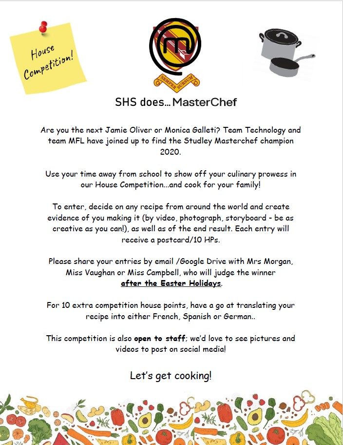 mfl_shs's tweet photo. Team Studley - let's get involved with 'SHS does Masterchef'!

House Competition open to all students and staff! Let's get cooking! 😀🥘🍳🥢🍴 https://t.co/kz4VsmTACf