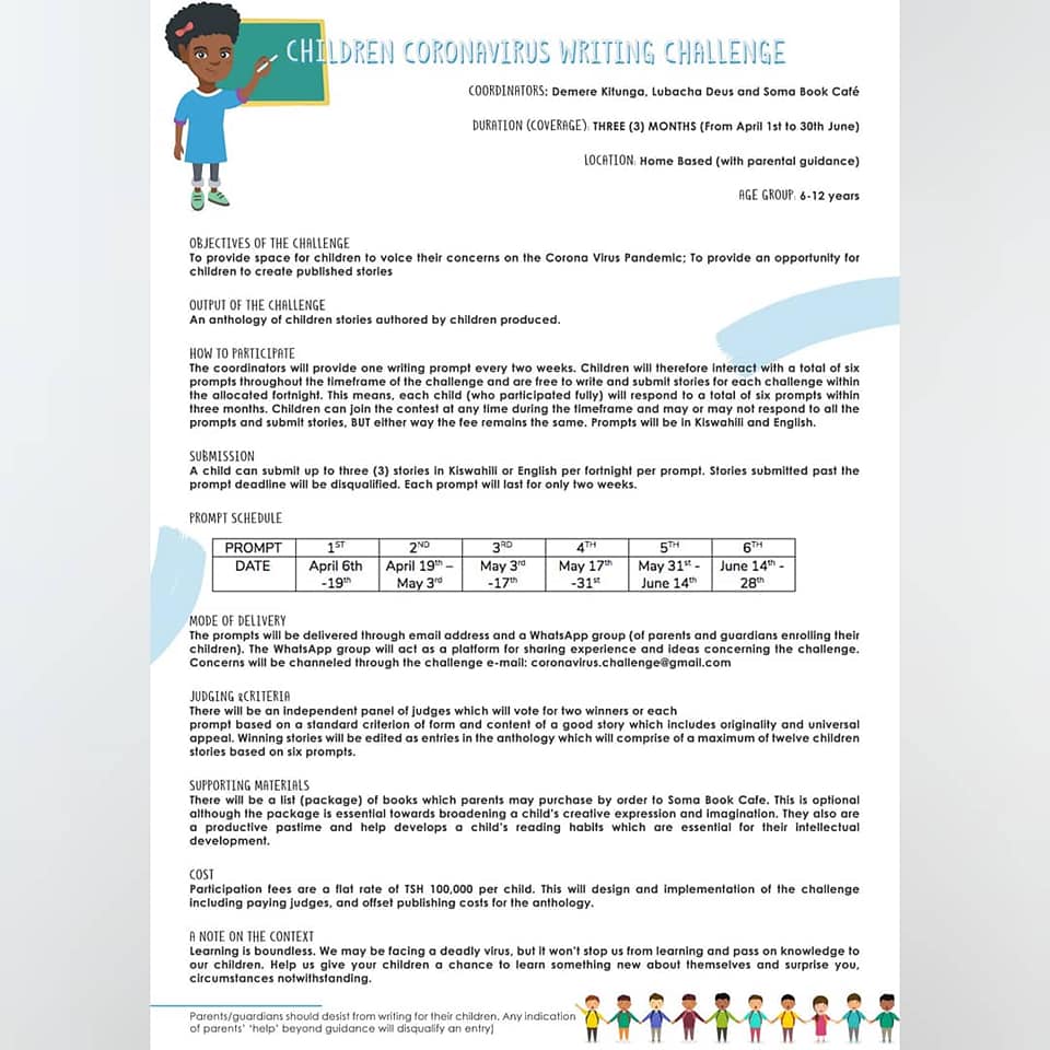 SomaMkahawani's tweet photo. Dear All!!!
Readership For Learning and Development - Soma @SomaMkahawani  presents  Children Corona Virus Writting Challenge
Aims at to  provide space for children to voice their concerns on the Corona Virus Pandemic; 
💬💬For more information visit https://t.co/9iRqTulAxO https://t.co/g7fanvFy6c