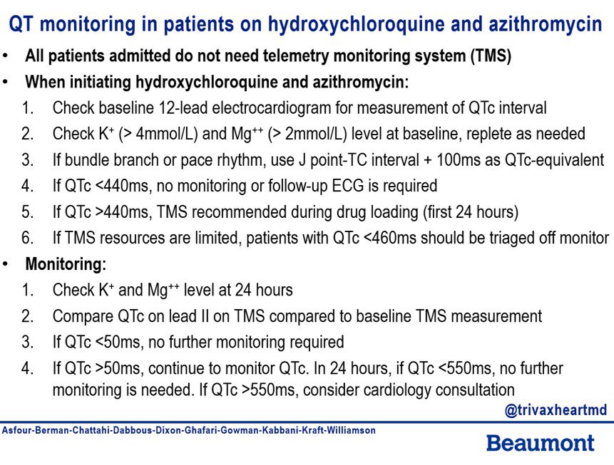 trivaxheartmd's tweet photo. How are hospital systems monitoring for #QTprolongation in #COVID19 pts on #hydrochloroquine and #azithromycin? Check out @BeaumontHealth policy and feel free to share. https://t.co/DBDwBu1NuP