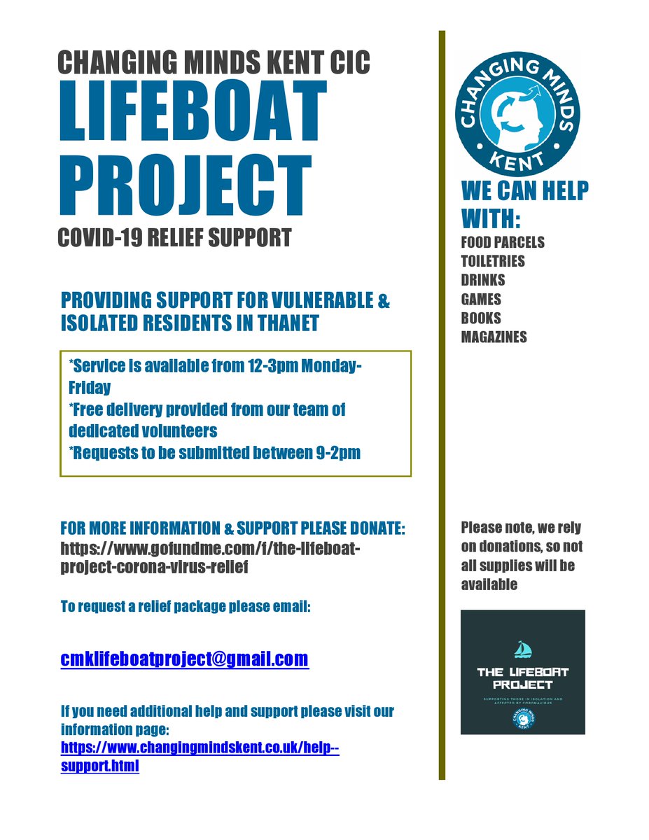Changingmindskent (@changingmindsk1) on Twitter photo Please see attached amended poster promoting our #Lifeboatproject If you know of any elderly & vulnerable individuals in Thanet that need support, please contact the team cmklifeboatproject@gmail.com #COVID19 #Thanet #Support #Wellbeing Please see attached amended poster promoting our #Lifeboatproject If you know of any elderly & vulnerable individuals in Thanet that need support, please contact the team cmklifeboatproject@gmail.com #COVID19 #Thanet #Support #Wellbeing