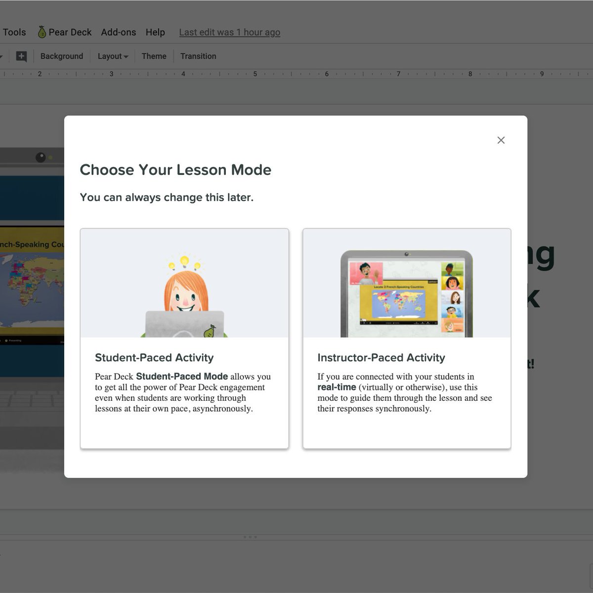 nickDiffit's tweet photo. When you start a lesson in @PearDeck you can now choose your lesson mode:

Student-Paced Activity for asynchronous learning

Instructor-Paced Activity for synchronous learning

#RemoteLearning #DistanceLearning #OnlineLearning #eLearning https://t.co/ss5KqRayRf