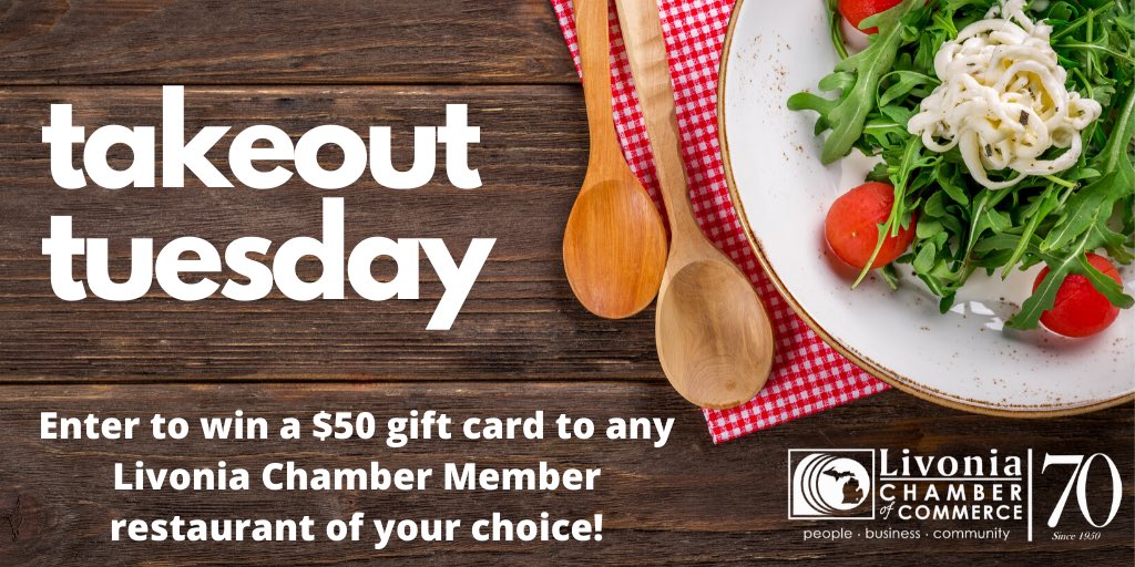 L_WChamber's tweet photo. Takeout Tuesday! Share a picture of your takeout or delivered meal for a chance to win a $50 gift card to any Livonia Chamber restaurant member of your choice! Visit https://t.co/549HNcnzWx

Winner will be announced tomorrow! #lovelivonia #livoniapride #supportlocal https://t.co/W1y86XKAsV