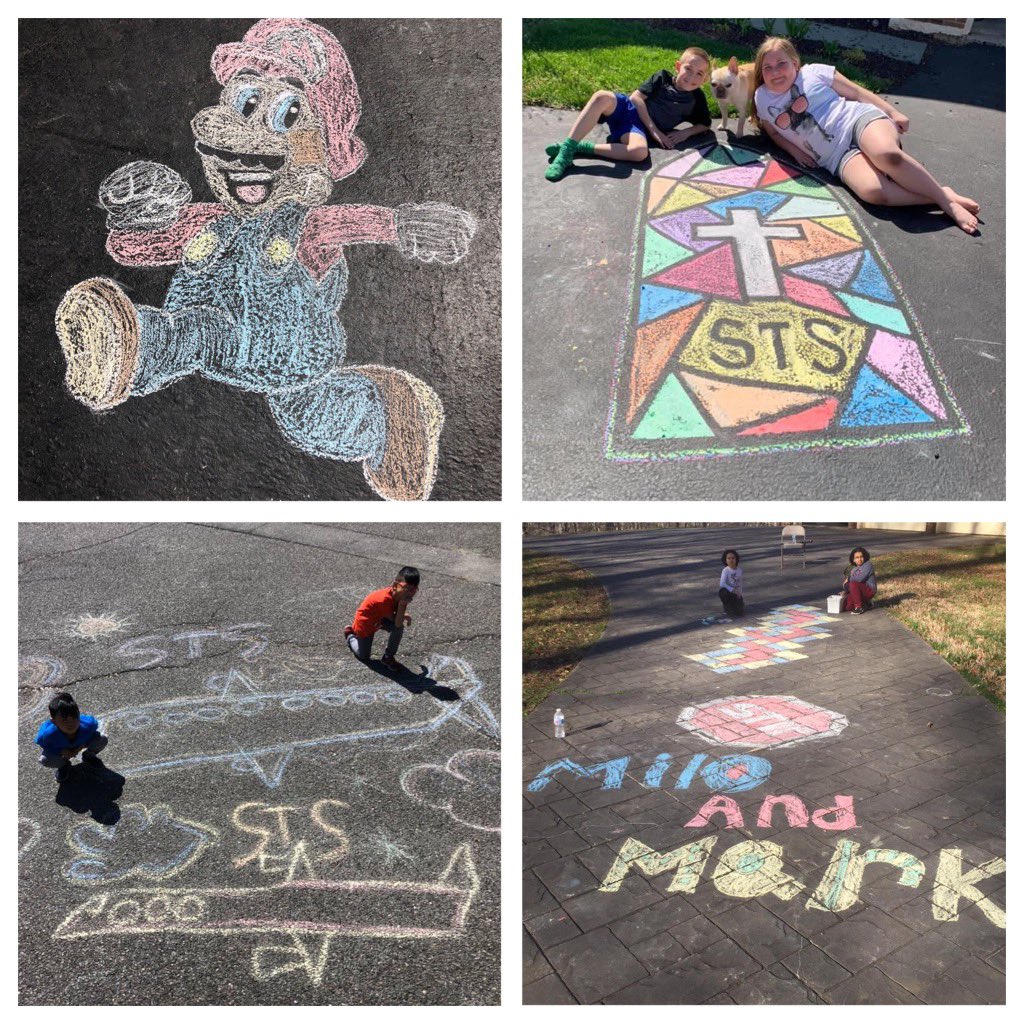 STSTigers's tweet photo. @STSTigers showed off their #sidewalkchalk skills and school spirit brilliantly yesterday! Today we are looking for all LEGO Master Builders. Let’s see all of those creative creations! #CelebrateCreativityWeek #STSCreates #STSatHome @arlingtonOCS https://t.co/h5e65T5t31
