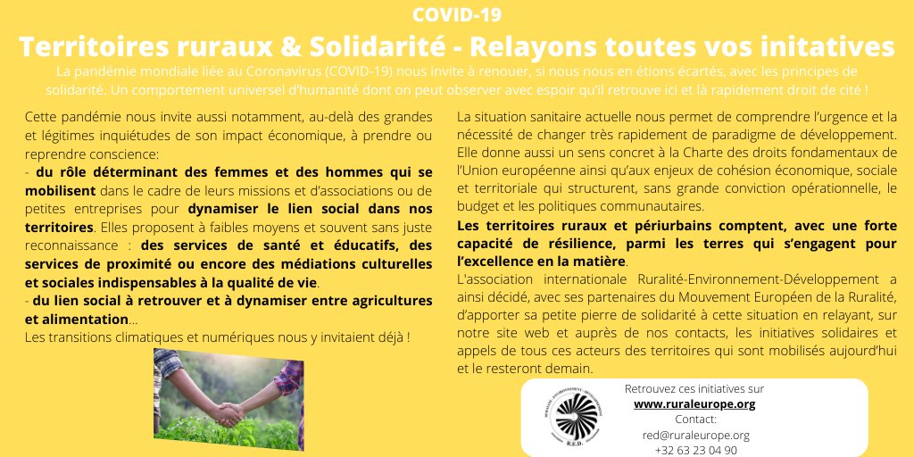 La crise du #COVID19 nous incite à être solidaires pour faire face à ses conséquences. Les territoires ruraux et périurbains voient se multiplier les initiatives citoyennes. RED tient à saluer et partager cette mobilisation! Retrouvez les initiatives ici👉bit.ly/3bxhjSi