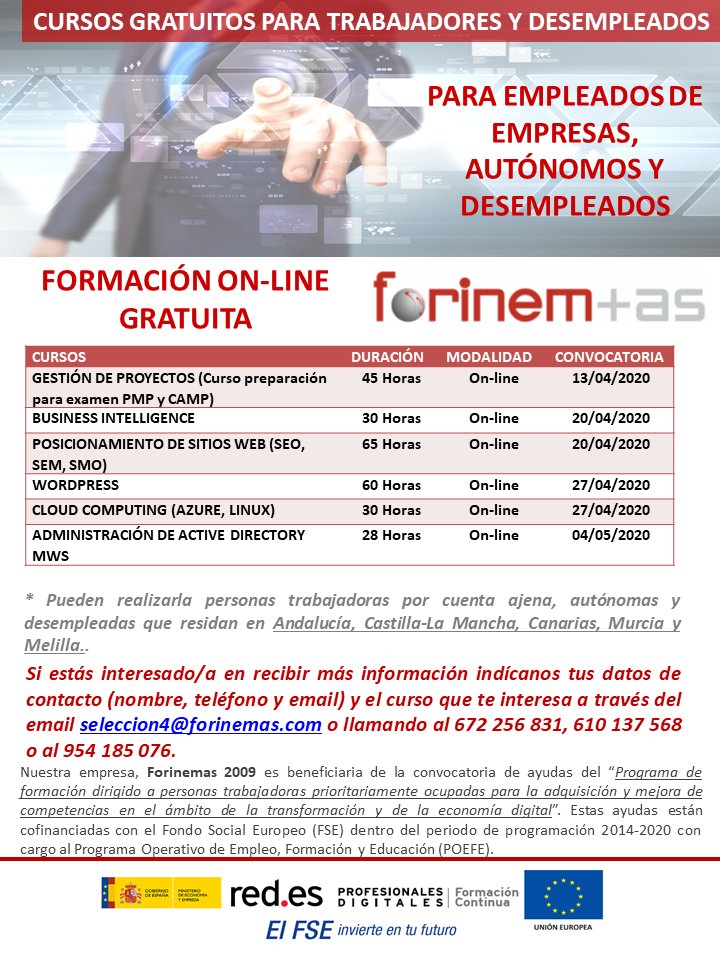 FORINEMAS's tweet photo. FORMACIÓN GRATUITA ONLINE para trabajadores, autónomos y desempleados de Andalucía, Murcia, Castilla-La Mancha, Melilla y Canarias. 
@redpuntoes
@_minecogob
@SEAvanceDigital
#FormaciónContinua #FSE https://t.co/EsG9hy1lzt