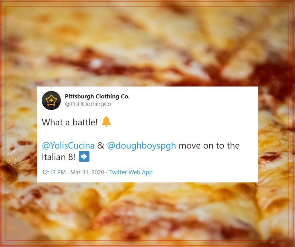 doughboyspgh's tweet photo. THANK YOU DOUGHBOYS FRIENDS, FAMILY, AND FANS! 🎉🔔🙌
It's official, we're in to the #Italian8 Quarterfinals!!
#BestPizzaPgh #pittsburghpizzacontest #PGHClothingCo #thankyoupittsburgh #wedoughsboyz #wehavethebestfans https://t.co/iBixJ5SEl7