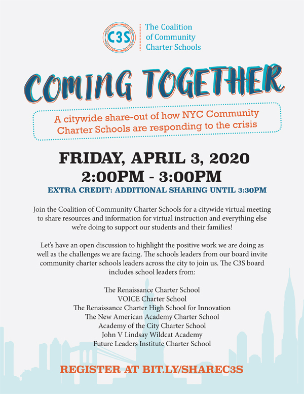 Let's come together to discuss how NYC Community Charter Schools are responding to the crisis this Friday, April 3. Register here: bit.ly/sharec3s #edchat #charterschools