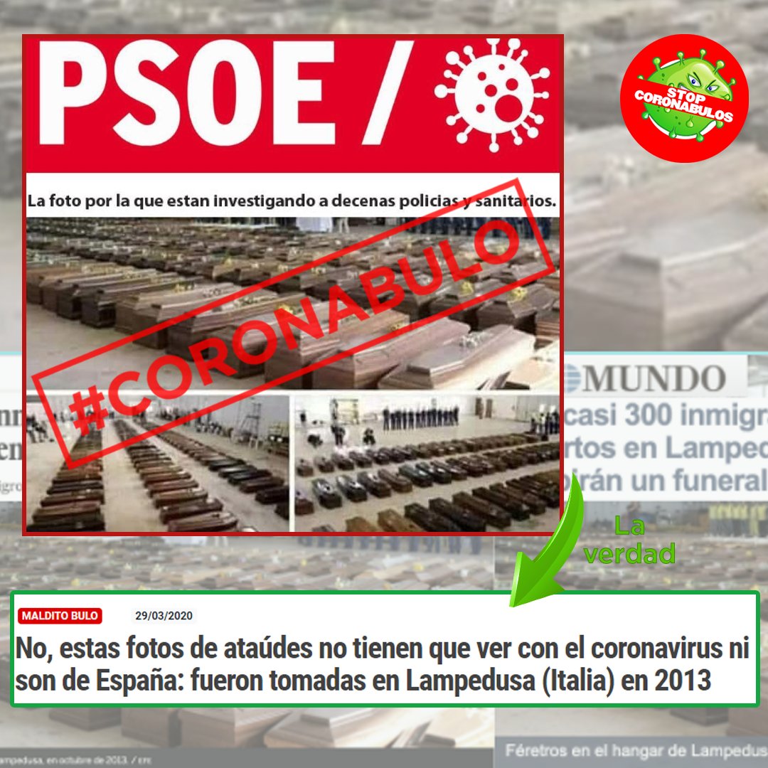 stopcoronabulos's tweet photo. 🚨 ¡Atención #coronabulo!

Las fotos de ataúdes que se están viralizando no se realizaron en España ni tienen que ver con el #coronavirus: fueron tomadas en Italia tras el naufragio de inmigrantes en Lampedusa. https://t.co/J7TuTUS7Md