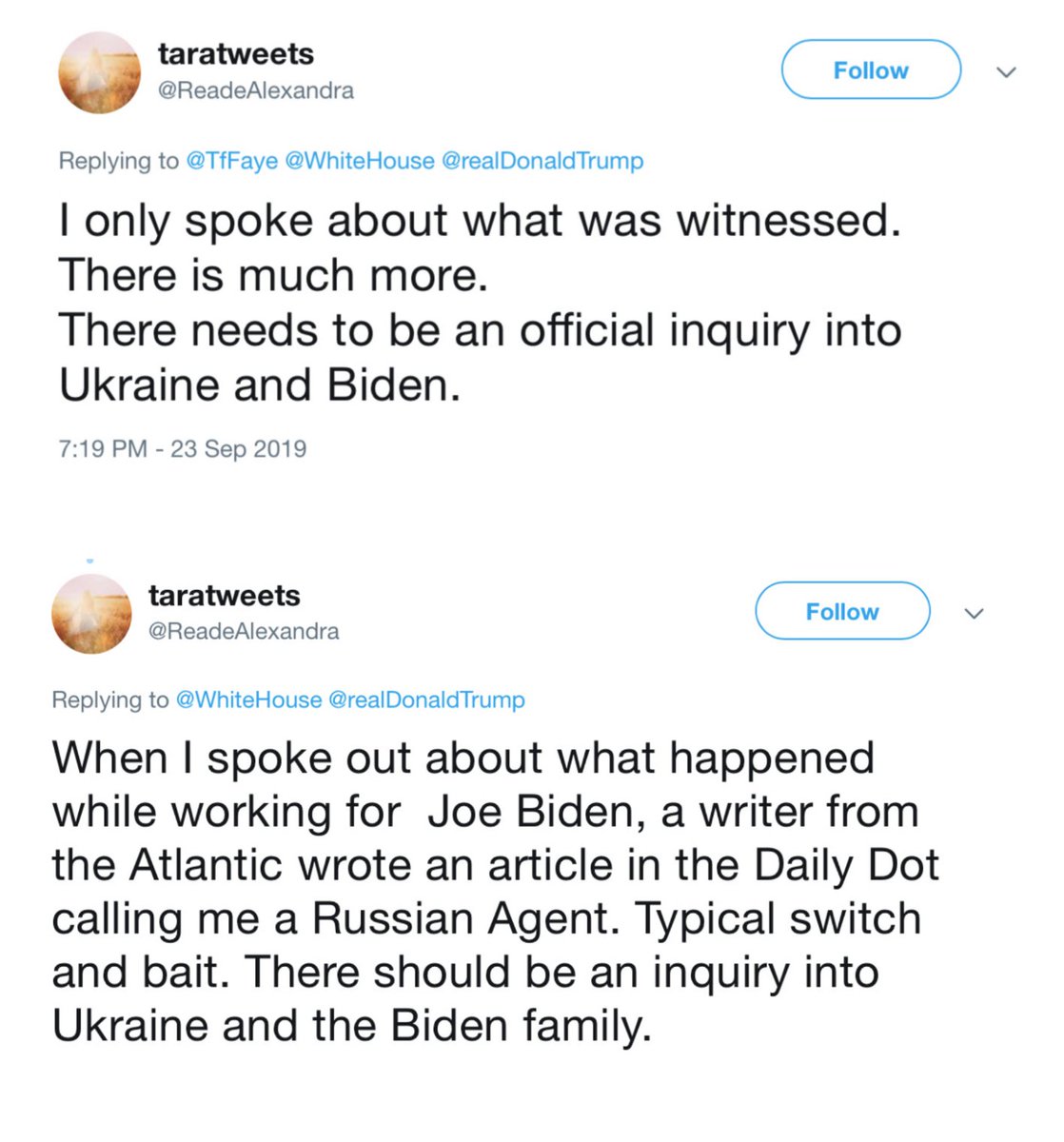 In 2017 Tara Reade couldn't praise Joe Biden enough, whether it was for his politics or for his action to help stop sexual assault, but in 2019, Reade not only begins accusing him of sexual misconduct but also starts demanding he be investigated for Burisma. Hmm... (thread)