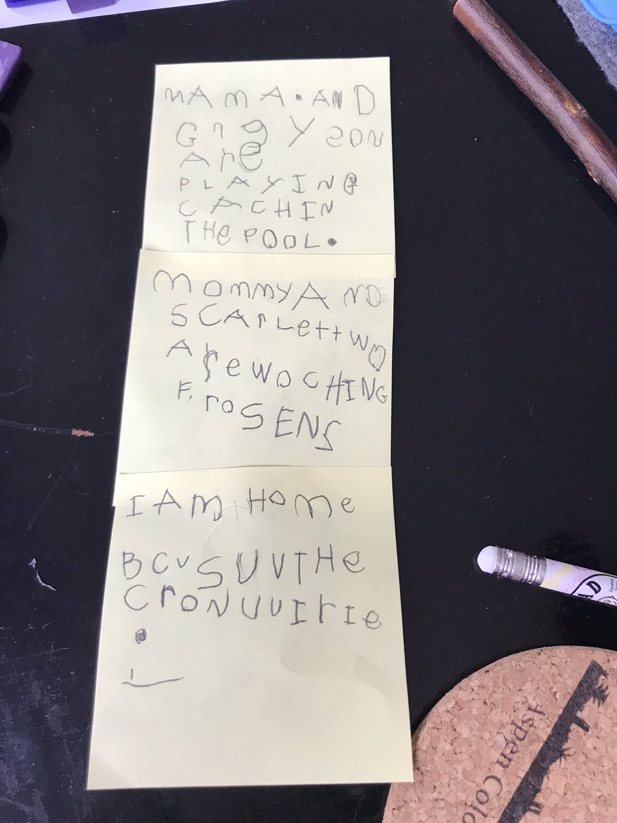 So the five year old wrote her story after making it out of loose parts. Then she rethought the order. Interesting that information about her reason for being home remains at the end in both. I wonder if that reflects her perspective?@AngelaStockman