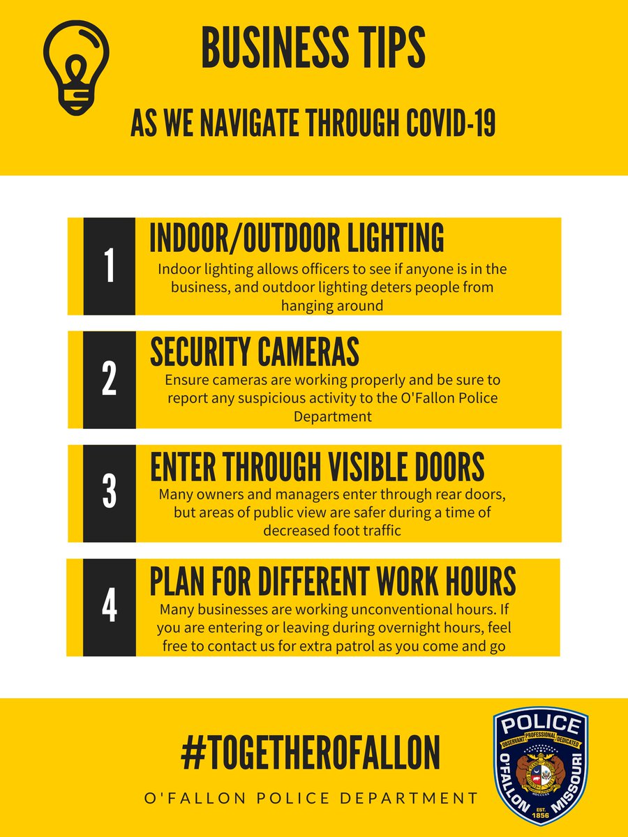 OFallonPolice's tweet photo. Right now, many of your normal routines have been altered. Businesses are no different. These are just some of the different things we can do to stay safe. Please share and we will continue to think of ways to be partners with our local businesses.
#TogetherOFallon https://t.co/wSEiHsl5W3