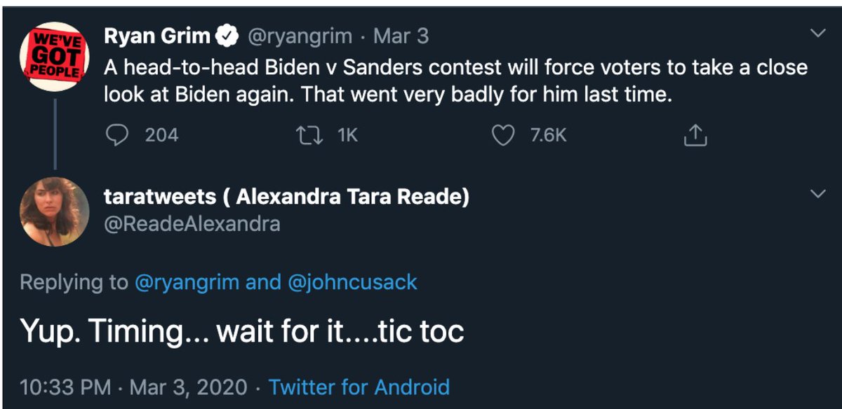 Just weeks before Tara Read accused Joe Biden of sexual assault, she seemed to have foreshadowed her own claims, acting as though she was waiting for just the right time to potentially hurt him politically. (thread)