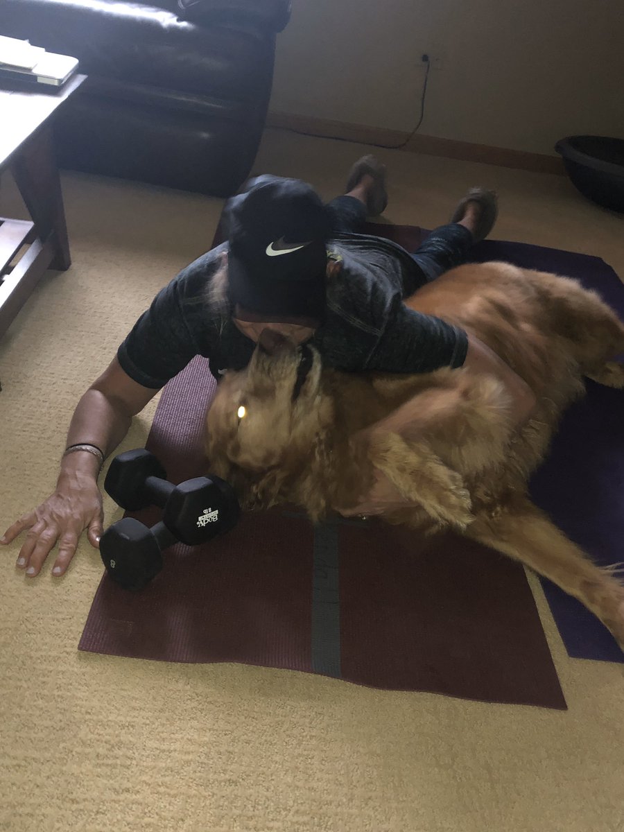 MVCCFitRec's tweet photo. FitRec Facilities Coordinator Ellen Papan has stayed busy with her family during the closure. She’s done a lot of puppy yoga, made homemade pizzas and realized one of the most appropriate sayings for the current climate was hanging on one of her walls. #FitRec #MissOurMembers https://t.co/e24eVYD4s4