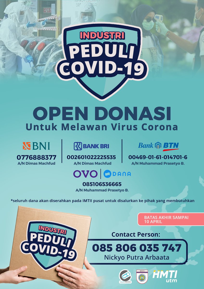 HMTIUTM's tweet photo. Open donasi untuk melawan virus corona.
Lekas Pulih Indonesiaku.
#SalamUnity
#BeTogetherOneGoal https://t.co/5dUQVR1F7V