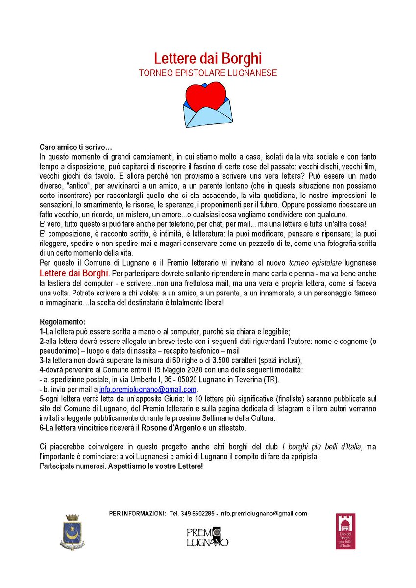 PLugnano's tweet photo. LETTERE DAI BORGHI è il torneo epistolare proposto dal Comune di Lugnano e dal Premio letterario: tutti possono partecipare scrivendo una lettera con carta e penna per raccontarsi, in questo momento così diverso da tutti gli altri della nostra vita @petronip @bonim71 https://t.co/saFMxv62do