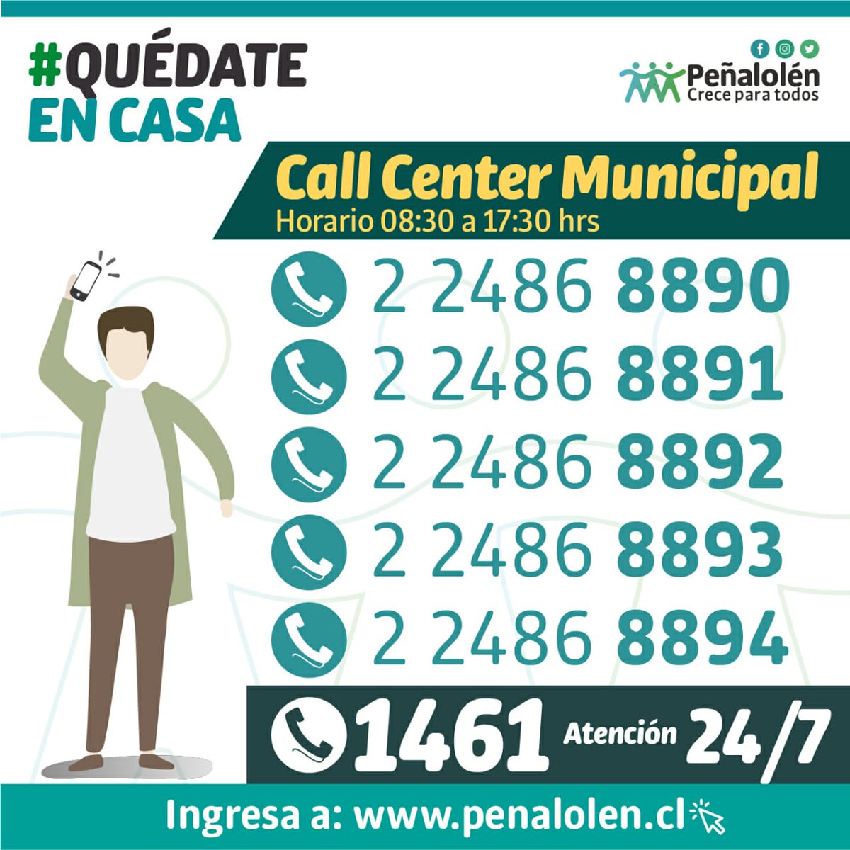 ☎️ Te pedimos que te quedes en casa, si requieres información sobre nuestros servicios municipales y de salud, llámanos 👇🏻
PEÑALOLÉN te cuida, cuídate tú también