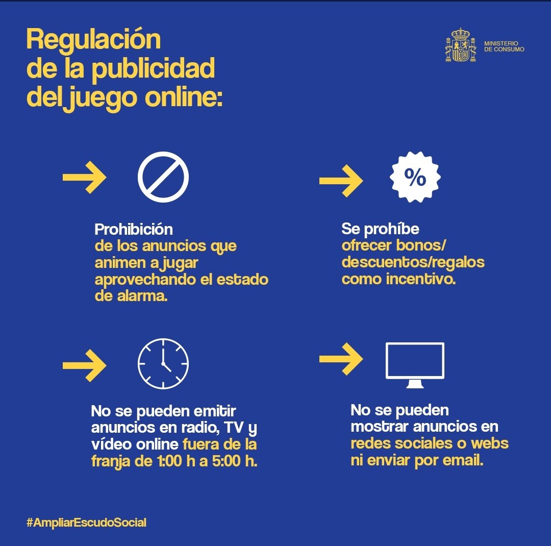 BUENA NOTICIA!

El Ministerio de Consumo anuncia medidas en cuanto a la regulación de la publicidad del juego online durante el estado de alarma. Prohíbe bonos, anuncios en webs y redes y restringe en medios de comunicación. Es un paso que se debería de seguir al acabar esto.