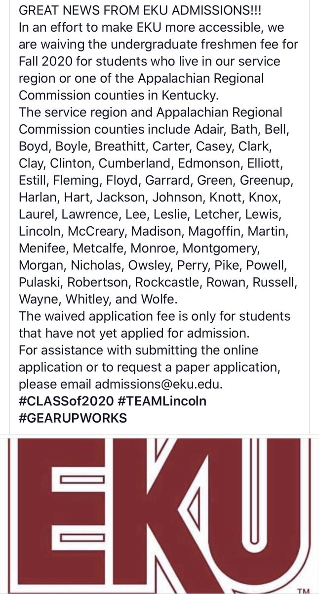 Woohoo🎉 For any Seniors still needing to apply, #EKU is waiving the admission fee!