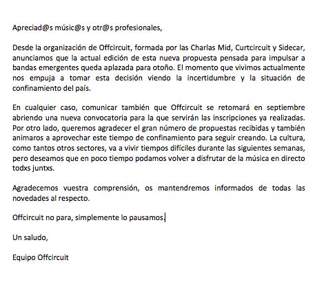 MidCharlas's tweet photo. 🚨COMUNICADO🚨
Lamentamos comunicar que Offcircuit se aplaza a otoño debido a la situación actual. Adjuntamos comunicado
•
•
•
#CharlasMID #Offcircuit @curtcircuit @SIDECARbcn @binauralblog @qualsevol_nit @mondo_sonoro https://t.co/1qsoXRF3t2