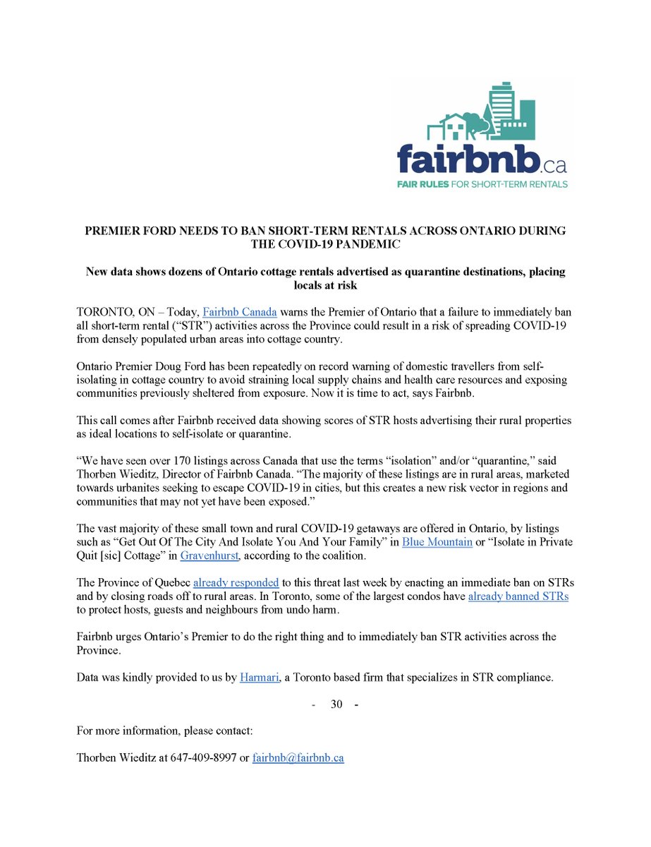 FOR IMMEDIATE RELEASE: 

PREMIER FORD NEEDS TO BAN SHORT-TERM RENTALS ACROSS ONTARIO DURING THE COVID-19 PANDEMIC

New data shows dozens of Ontario cottage rentals advertised as quarantine destinations, placing locals at risk.

cc/<a href="/fordnation/">Doug Ford</a> #ONpoli #COVIDー19 #Airbnb