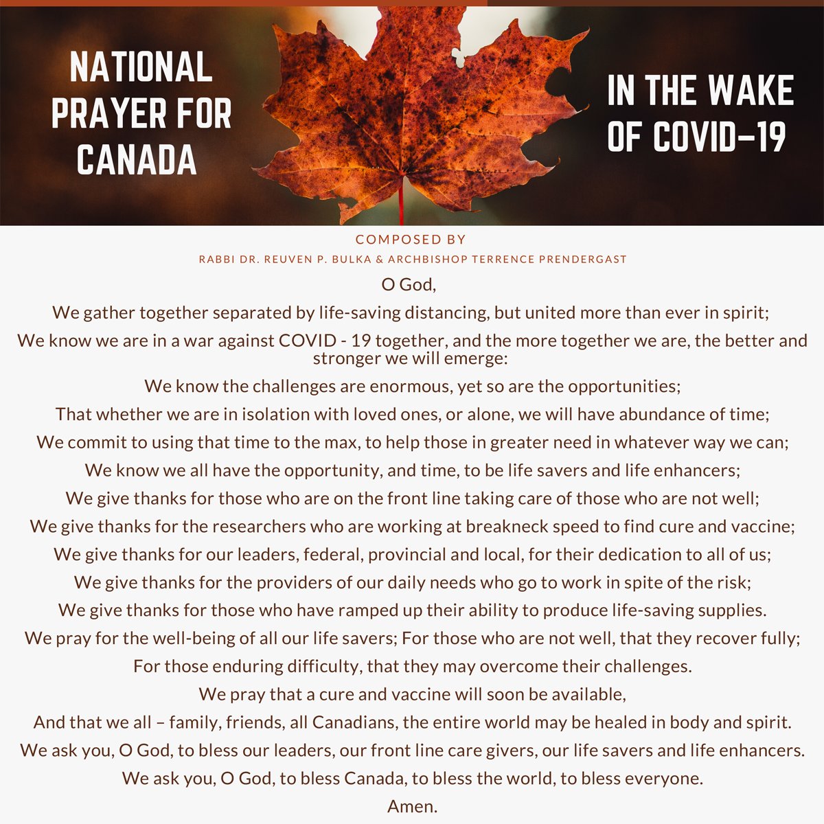 Today at 3:00 p.m. Eastern Time, with faith communities across the country, let us come together and offer a prayer in the wake of COVID-19. #NationalPrayerforCanada <a href="/cardusca/">Cardus</a> <a href="/archterentius/">Terrence Prendergast</a> #praytogether