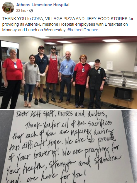 CDPApc's tweet photo. We are all in this together! Thank you to Village Pizza and Jiffy Food Stores for helping us deliver breakfast earlier this week and lunch tomorrow to the staff at  @HospitalAthens #bethedifference #athenslimestone #athensal #COVID19 https://t.co/rHME4IhGmu