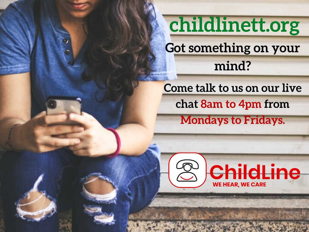 childline_tt's tweet photo. Hello Twitter Friends! We simply want to remind you of our FREE live chat feature for children and young persons! π
We invite you to visit https://t.co/cw9LmFSMVv to access this feature!π±π»
#WeHearWeCare #FeelFreeToShare #ChatWithUs #ChildLineTT https://t.co/KLw7ybpS3T