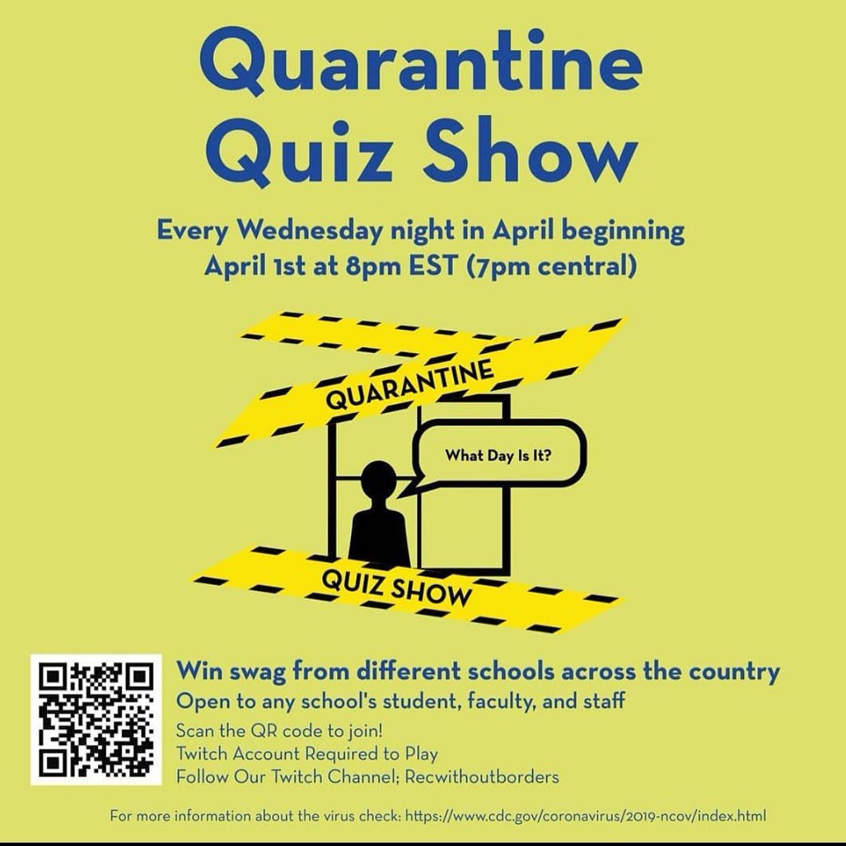 schoolcraftnow's tweet photo. Looking for something fun to do while you #StayHome?
Rec Without Borders is bringing you National Trivia Night every Wednesday in April at 8pm!
Follow the thread below for the basic information about the event...
#NIRSA #Trivia #RecWithoutBorders https://t.co/B8Qrt5IxY7