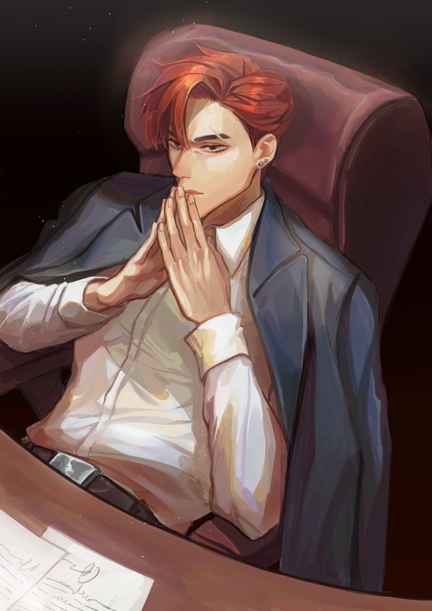 n_ikuman's tweet photo. “let me consider the options.”

agent au taeyong in his office having an internal conflict, weighing the pros and cons of rules and consciences 😔 https://t.co/ACEu19daeF